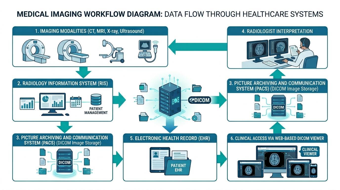 Medical imaging workflow diagram illustrating how CT, MRI, and X-ray studies move from RIS and PACS systems into the Electronic Health Record for clinical access through a web-based DICOM viewer