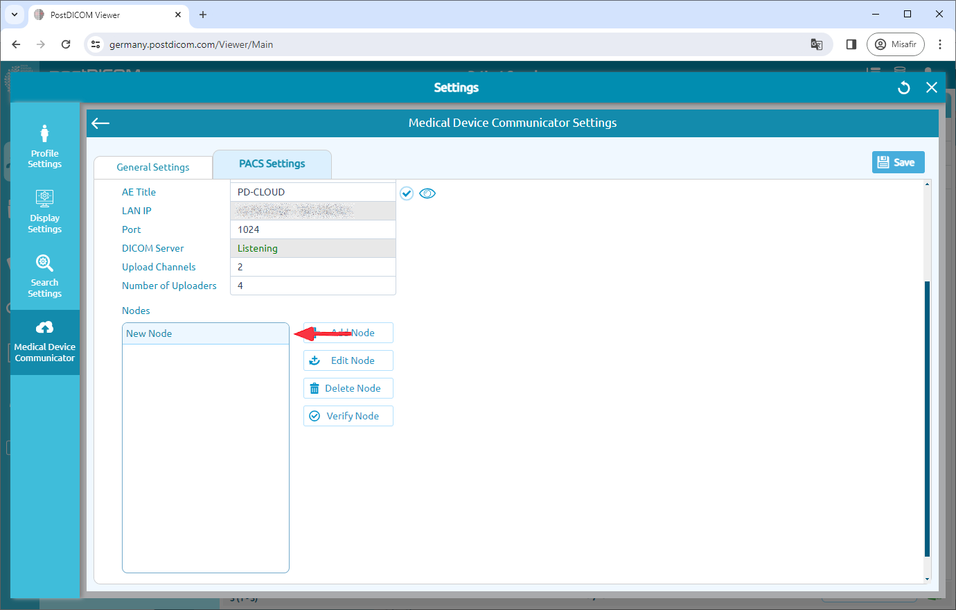 Editing Medical Device Communicator (MeDiC) PACS Server Settings for Windows